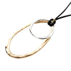 【B：ゴールド×ワンサイズ】[Cream dot. クリームドット公式] ネックレス レディース  ロング 大ぶり レザーコード オーバル 変形 メタル バイカラー コンビカラー 大人 上品 エレガント カジュアル シンプル  