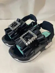 ☆新品未使用☆22.5cm ヨースケ YOSUKE 厚底サンダル レディース ブラック 厚底 スニーカーサンダル バックベルト ビジュー フリル 黒　MY0320