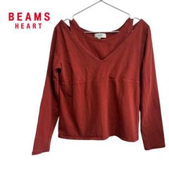 M S467_a049 BEAMS HEART ビームスハート トップス ロンT ショート丈 重ね着風 長袖 レイヤード カットソー レッド系 赤茶色 レッドブラウン 暖色系 アースカラー トレーニング用 コットン ポリウレタン