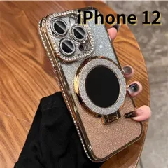 【SHOPS MON】iPhone12 スマホケース ラメ キラキラ 鏡 ミラー付き スタンド付き シンプル 軽量 おしゃれ かわいい 金 E025