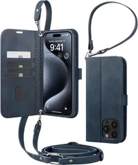 【新着商品】ショルダー 米軍MIL規格取得 手首 耐衝撃 ストラップ付き 手帳型 耐キズ ケース 強化革 Pro 衝撃吸収 15 ウォレットS・プロ iPhone ACS06741 【17年社歴の技術力】Spigen (ネイビー)