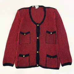 8h4 CHANEL シャネル ココマークボタン 4ポケット ニットカーディガン 羽織 金ボタン イタリア製 S レッド ネイビー コットン レディース