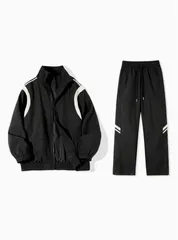 セットアップ メンズ カジュアル スポーツウェアセット カラーブロック ウィンドブレーカージャケット ジョガーパンツ ポリエステル 春/秋 ファッション アウトフィット ジム トレーニング ランニング おしゃれ スウェット ブラック