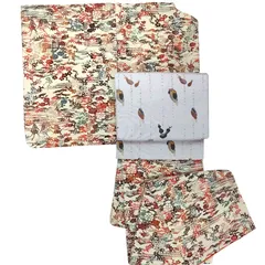 【単品小紋ALL 1980円】 しつけ糸付き★　小紋　リユース着物　袷　型染　紅型風　ベージュ地にオレンジ系