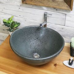 信楽焼 手洗い鉢 洗面ボウル 陶器 幅42.5cm 大型サイズ 黒斑点変形手洗い鉢 tm-4121