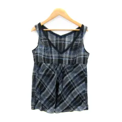 ケーティー キヨコ タカセ  K.T KIYOKO TAKASE LINO カットソー ノースリーブ Vネック チェック柄 レース リネン 麻 9 紺 ネイビー /SY20