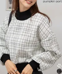 モノトーンチェック ボリューム袖 長袖トップス