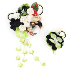 髪飾り 成人式 振袖 前撮り 袴 花 2点セット ちりめん 緑 黄緑 白 ゴールド 黒 組紐 下がり 藤下がり パール 和柄 大きい 小さ No.12-0333