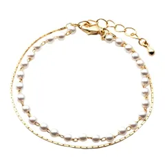 【A：ゴールド×ワンサイズ】[Cream dot. クリームドット公式] ブレスレット レディース   2タイプ パール ボールチェーン スネークチェーン 二連 大人 上品 エレガント きれいめ シンプル  のサムネイル
