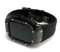 ブラック　アップルウォッチバンド ラバーベルト ステンレス カバー　Apple Watch ケース 44mm 45mm 4 5 6 7 8 se メンズ レディース スポーツ