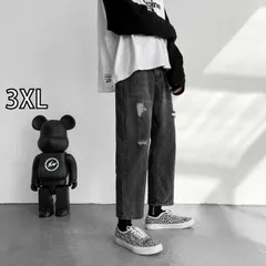 [3XL]メンズ ファッション 服 男性用 オシャレ シンプル 大人 かっこいい 大きいサイズ ストリート 紳士服 レトロ ブラック グレー リップドロー エッジ ジーンズ ストレート レッグ アメリカン ウォッシュ 加工 ダメージ カジュアル 九分丈 パンツ