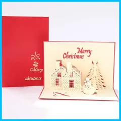 【迅速発送】moin moin メッセージ カード クリスマス メリー グリーディング 飛び出す 切り絵 芸術 立体 3D 煙突 の ある 家 ツリー スノーマン 赤 レッド ホワイト 白 (カード + 封筒 × 2つセット)