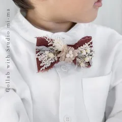 3way𓂃𓂂𓏸  ドライフラワー ベビー蝶ネクタイ 08 / ボルドー×アイボリー フラワーヘアアクセサリー ヘアクリップ / ハンドメイド キッズ蝶ネクタイ / フラワーブローチ コサージュ 髪飾り / クリスマス 結婚式 誕生日 七五三