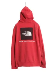 【お得なクーポン配布中!】 ノースフェイス 両面 プリント スウェット フード パーカー メンズ L 程 古着 プルオーバー トレーナー アウトドア 裏起毛 ボックスロゴ 赤