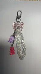 ビーズストラップ　ハンドメイド　クリアリボン　クリアチェーンとクマ