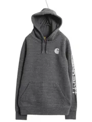 【お得なクーポン配布中!】 カーハート 袖 プリント スウェット フード パーカー レディース S / 古着 CARHARTT トレーナー 裏起毛 プルオーバー ミドルウェイト 濃灰