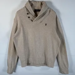 古着 ポロ・ラルフローレン POLO RALPH LAUREN ショールカラーニット プルオーバー ワンポイントロゴ刺繍 エルボーパッチ M  ベージュ系 メンズ