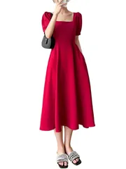 M_レッド [Hanmall] パフスリーブワンピース ロングドレス 半袖 ロング丈 ワンピース ハイウエストワンピース レディース パーティード 結婚式 赤 夏 無地 Aライン ゆったり 大きいサイズ お呼ばれ 二次会