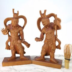 木彫】仁王像 阿吽一対 金剛力士像 木製 彫刻 仏像 インテリア