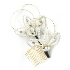 髪飾り コーム型 水引 ラインストーン パール ゴールド 白 キラキラ リーフ 葉 丸 円 サークル 小さい かんざし かわいい 粋 No.9-3375