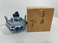 管理番号P】九谷 角福 六角 香炉 共箱 山水 染付 - メルカリ