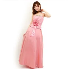 【演奏会 ステージ衣裳 ブライダル 豪華レース装飾 お花モチーフ 発表会 カラオケ パーティドレス 】ケミカルレースオーガンジー重ねサテンミディロングプリンセスドレス サーモンピンク演奏会　ステー衣裳　パーティドレス　結婚式　二次会