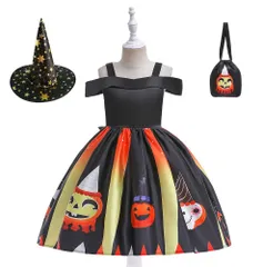 110_デザイン３ [Ｔｚｒｃｙｃ] ハロウィン 仮装 3点セット 子供 女の子 ドレス+帽子＋手提げバッグ コスプレ 可愛い コスチューム プリンセスなりきり ベビー 子供 キッズ 魔女 悪魔 ウィッチ ワンピース レース コスプレ 衣装 子供用 キッズドレ