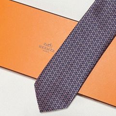 美品 エルメス HERMES ネクタイ シルク100% フランス製 ネイビー パープル系 H柄 TTH-1