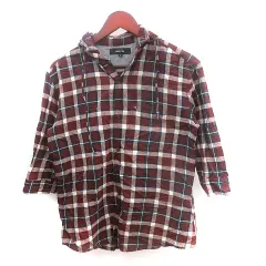 コムサイズム COMME CA ISM シャツ フード ロールアップ チェック 麻混 リネン混 五分袖 L 茶 ブラウン /AU