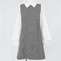 イング INGNI 襟付き千鳥格子柄袖異素材ワンピース ミニ ショート M 黒 白【24895-6】