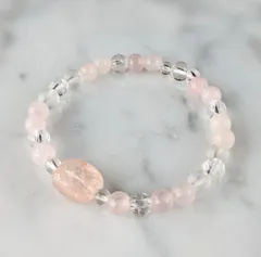 鎮静効果抜群！　ローズクオーツ⭐13×10mm、6mm玉とフロスト水晶やクラック水晶のブレス　内径15,5cm