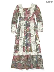 古着 リボン レース 花柄 シフォン ロング丈 長袖 ワンピース ピンク (otu2501069)