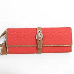 美品 COACH コーチ ミニシグネチャー キャンバス ソーホー ストラップ付き ロングウォレット 長財布 オレンジ×ブラウン レディース 古着 中古 USED