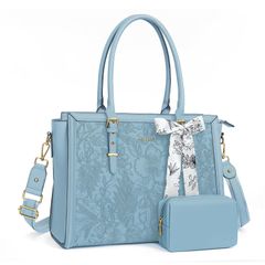 New [MOSISO] Women's Laptop Bag, Water-Repellent PU Leather Tote Bag, Compatible with MacBook, HP, Dell, and Asus Laptops, Front Embossed Retro Hibiscus Design, Includes Silk Scarf and Small Pouch