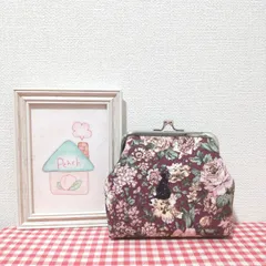 がま口（黒猫ちゃん＊ボタニカル＊ワイン）