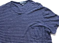 00s ポロ ラルフローレン ランダムボーダー リネン×コットン ポケットTシャツ インディゴ×グレー L★オールド バインダーネック