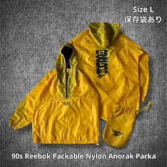 90s Reebok Packable Nylon Anorak Parka リーボック パッカブルナイロンアノラックパーカー イエロー Lサイズ 両面プリント ベクターロゴ カンガルーポケット ドローコード 保存袋あり ストリート スポーツ