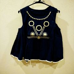 レディース　刺繍　袖無し　ネイビー