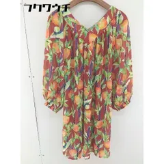 ◇　◎ merlot メルロー Vネック　総柄　プリント　スリット 長袖 膝丈 ワンピース レッド　マルチ レディース  【中古】 【1108030003660】