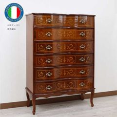 イタリア 6段 チェスト 茶 88cm 象嵌 ロココ調 猫脚 アンティーク