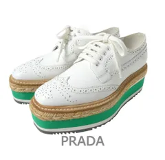 新品同様 PRADA プラダ ローファー 革靴 プラットフォームシューズ レザー ウイングチップ 厚底 スクエアトゥ レースアップ  ホワイトサイズ34.5 約21.5㎝  レディース 古着 中古