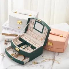 ジュエリーボックス ジュエリー収納 アクセサリーケース 女の子 女性 人気 2層 鏡付き 大容量 小物入れ ピアス ネックレス PUレザー　指輪 イヤリング収納