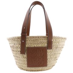 極美品　ロエベ　ラフィア　フリル　トートバッグ　バスケット　レザー　ブラウン LOEWE】ロエベ バスケットバッグ スモール かごバッグ ラフィア