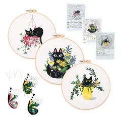 【新着商品】枠 刺繍 20CM1本 DIY刺繍工具 刺繍糸 手作り 刺繍用布1枚 クロスステッチ 刺しゅう 刺繍針2本 ししゅうキット 英語説明書付き セット 初心者 (ねこ 刺繍キット 3個入) ALLMIRA
