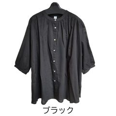 綿100％　ボイル　ギャザーブラウス　【ブラック】5分袖　シャツ　レディース　Lサイズ　送料込み