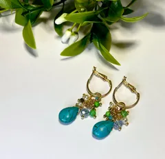 ターコイズピアス　バネ式フープピアス　サージカルステンレス　小粒のきらきら添え❣️