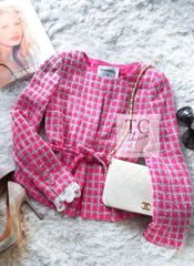 シャネル ジャケット CHANEL ピンク ホワイト コットン 春夏 サマー ツイード カール ラガーフェルド 超美品 34 可愛すぎる 美人見え チェック