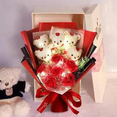 FAUHAL LEDライト付き 母の日 ソープフラワー ブーケ 石鹸花 バラ 造花 花束 くま束 枯れない花 可愛いぬいぐるみ(ベア5匹、ローズ6輪) 誕生日プレゼント 敬老祝い お盆 教師の日 バレンタインデー お礼用 ギフトボックス、メーセージカード付 1