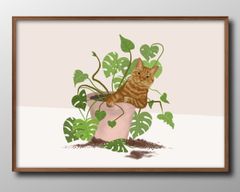 13413 ポスター アート おしゃれ 絵画 インテリア 観葉植物と猫 ネコ ボタニカル A3サイズ 北欧 イラスト マット紙 艶消し アートパネル 額 フレーム デザイン 壁掛け