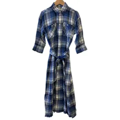 美品 Denim & Supply POLO RALPH LAUREN デニムアンドサプライ ポロラルフローレン 五分袖 ロングチェック シャツワンピース 2 ブルー レディース 古着 中古 USED